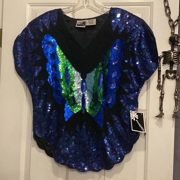 PHOOL - NWT - top: vintage black s/s sequins / butterfly, shldr pads, lining - L - Picture 8 of 16